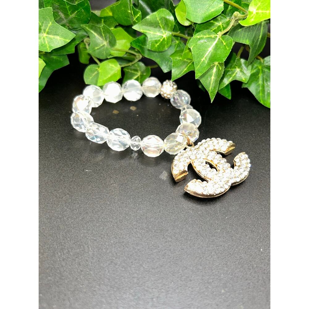 Chanel Iridescent AB Beaded Bracelet Crystal CC Logo Crescent Charm Gold Tone - Picture 3 of 5
